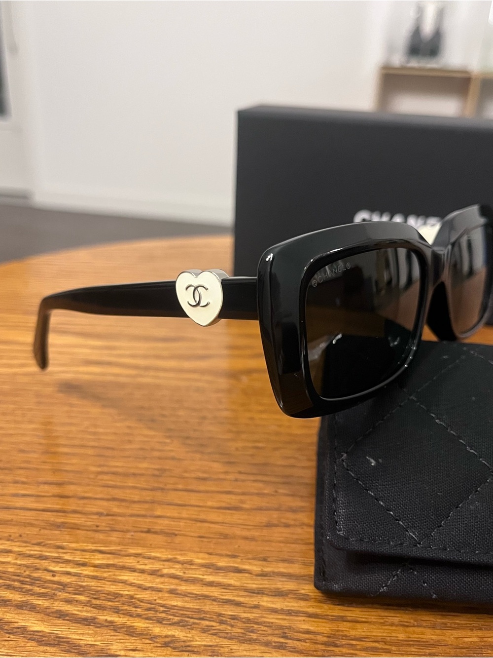 NWT CHANEL Black Square Sunglasses with Gold Heart Logo